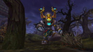A guardian figure with glowing arms